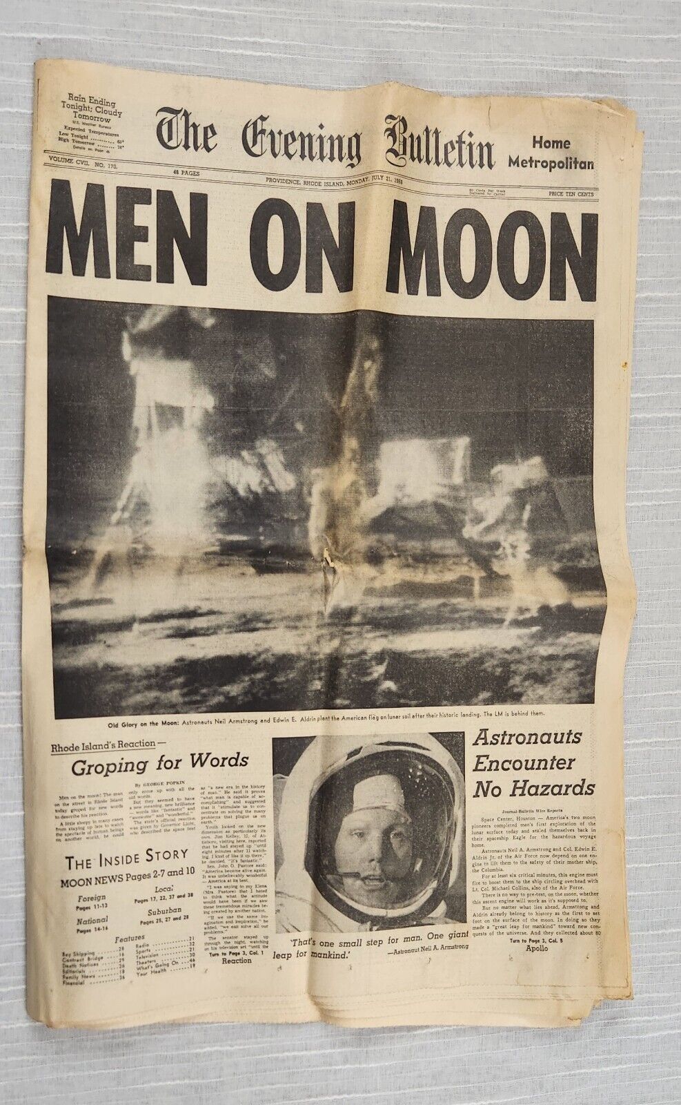 The Evening Bulletin Newspaper Men on Moon Monday July 21, 1969 Providence, RI