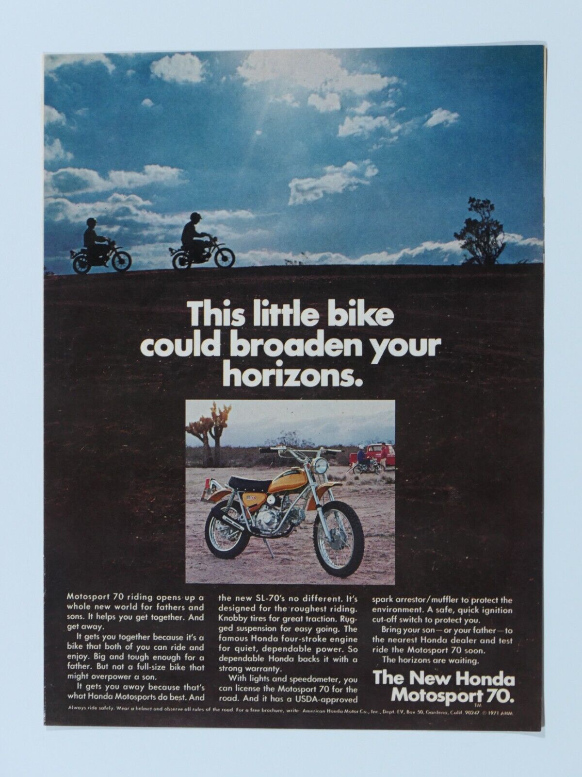 1971 Honda Motorsport 70 Vintage Little Bike Horizons Original Print Ad 8.5 x 11