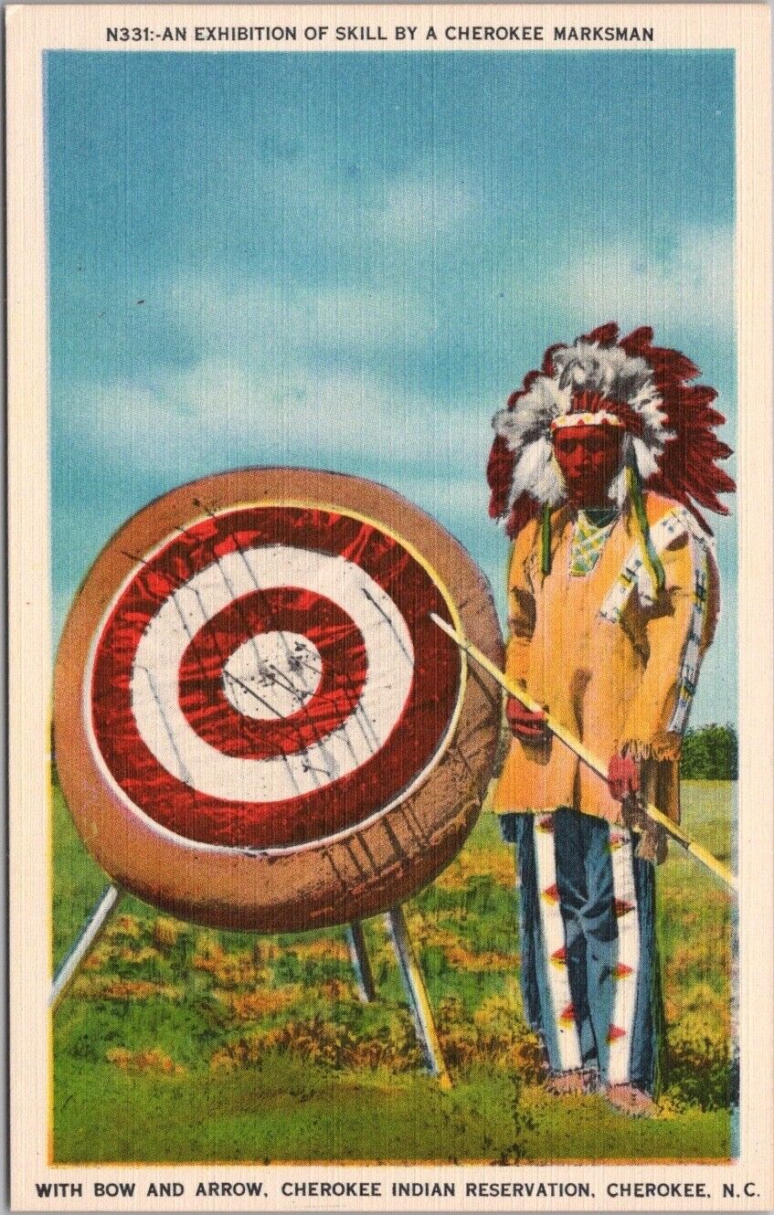 c1940s CHEROKEE, North Carolina LINEN Postcard Indian Native Americana Archery