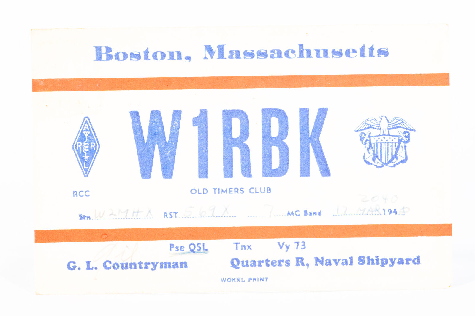 1948 Ham Radio QSL Card Boston Mass W1RBK Naval Shipyard Old Timers Club