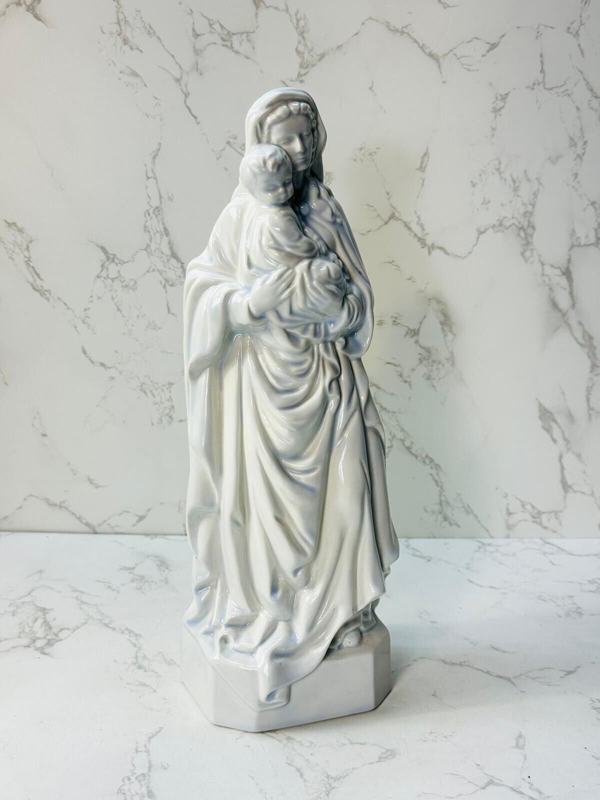 Vintage White Glazed Madonna Virgin Mary with Baby Jesus Statue Catholic