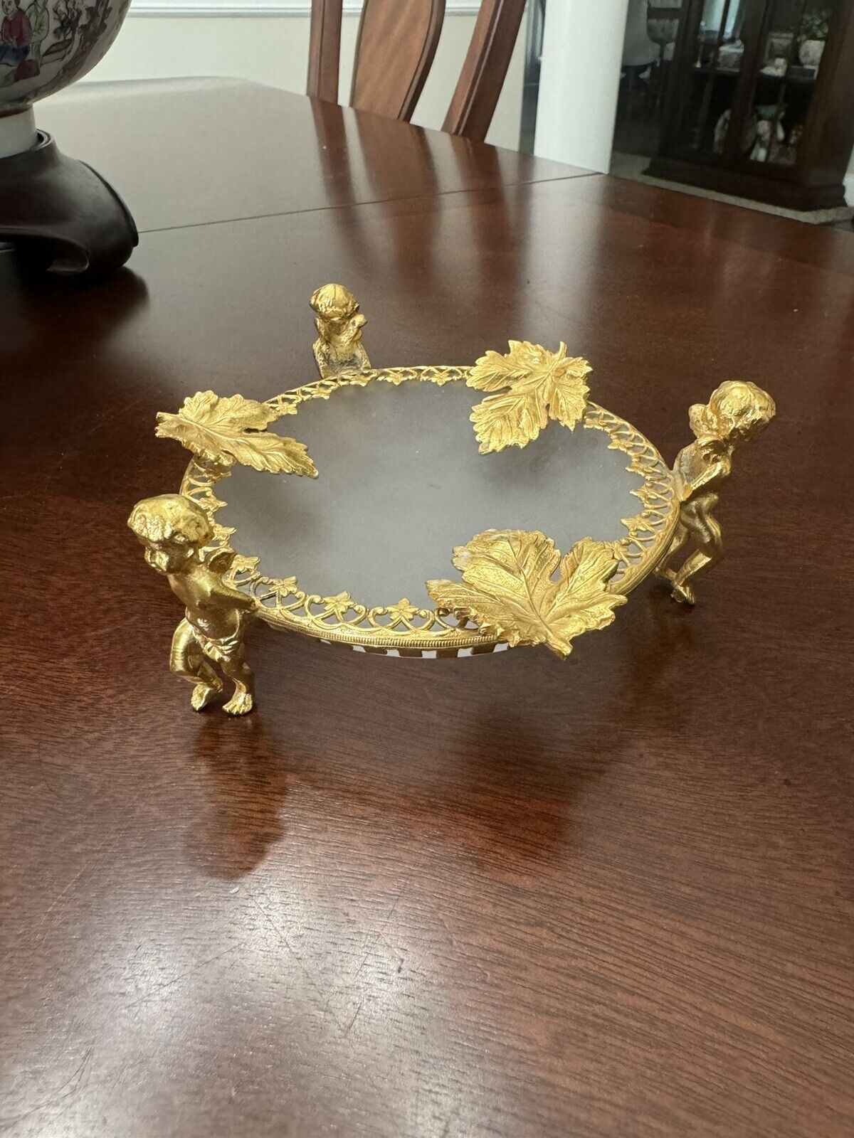Vintage Frosted Glass Ormolu Trinket  Dish W/Cherubs and Leaves