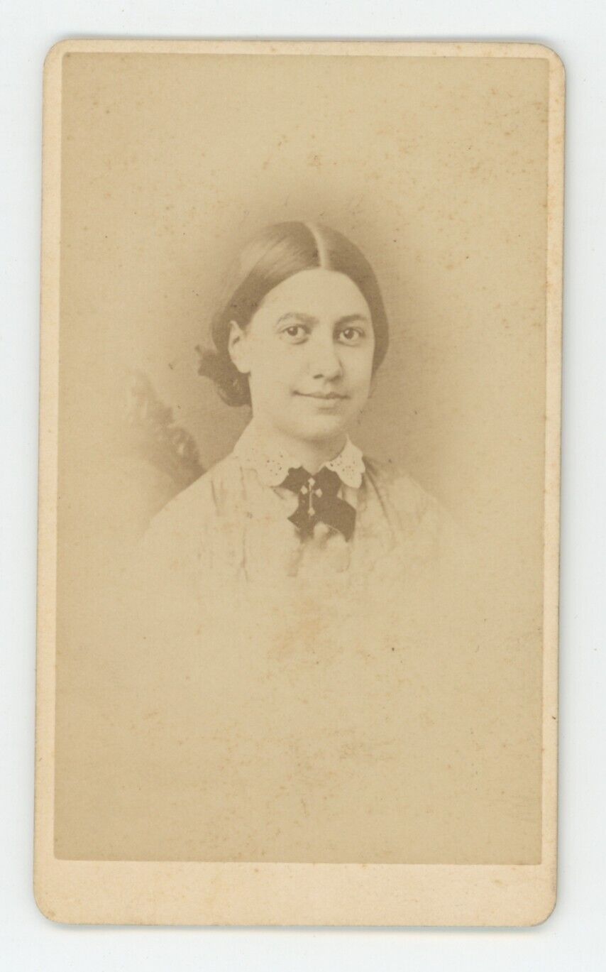 Antique CDV Circa 1870s Lovely Young Woman Smiling In Quaint Dress Boston, MA