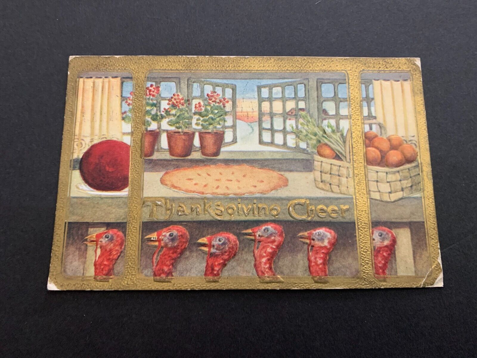 c.1910 Thanksgiving Cheer Postcard Embossed Turkeys Pie