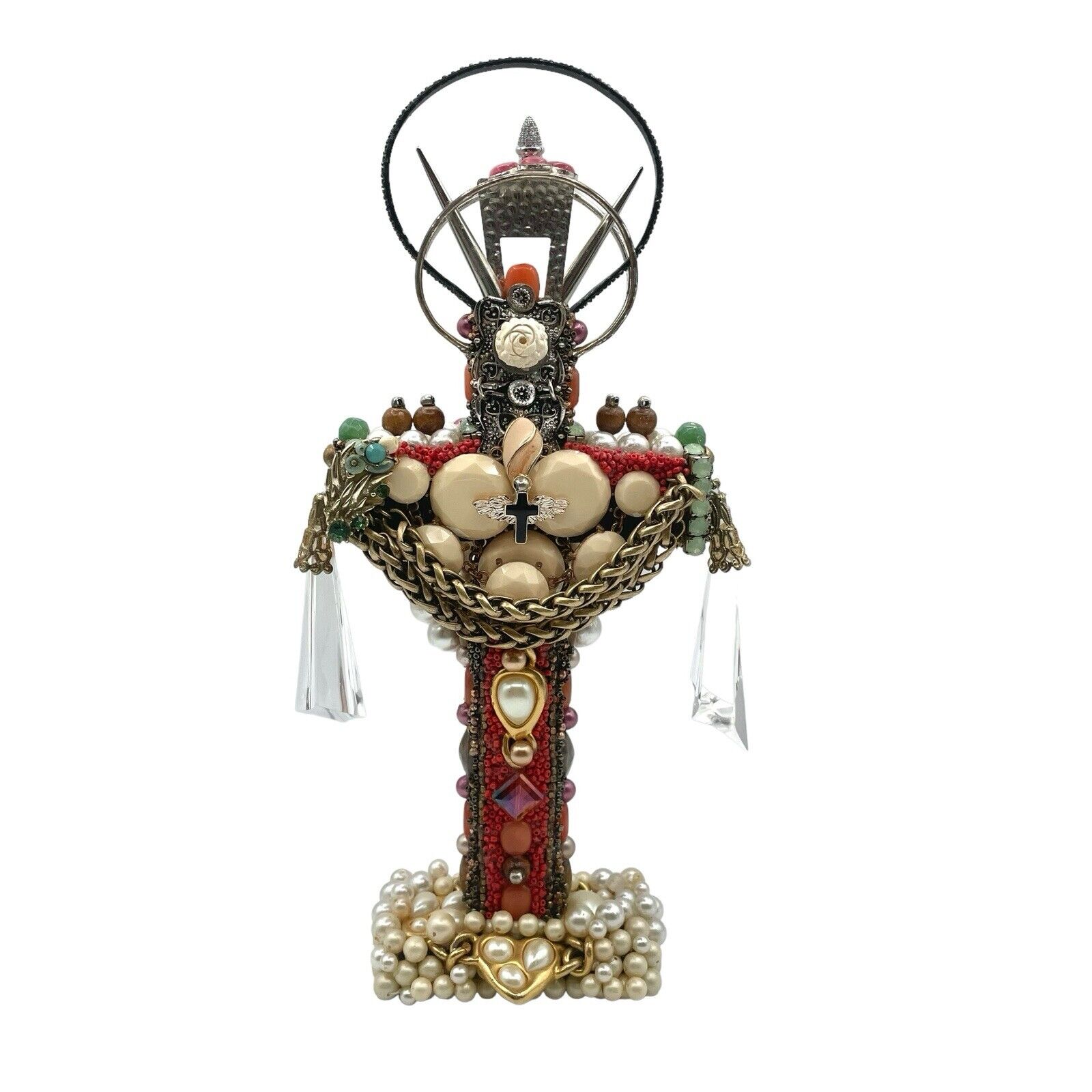 Jeweled Standing Cross Handmade Folk Art OOAK Vintage