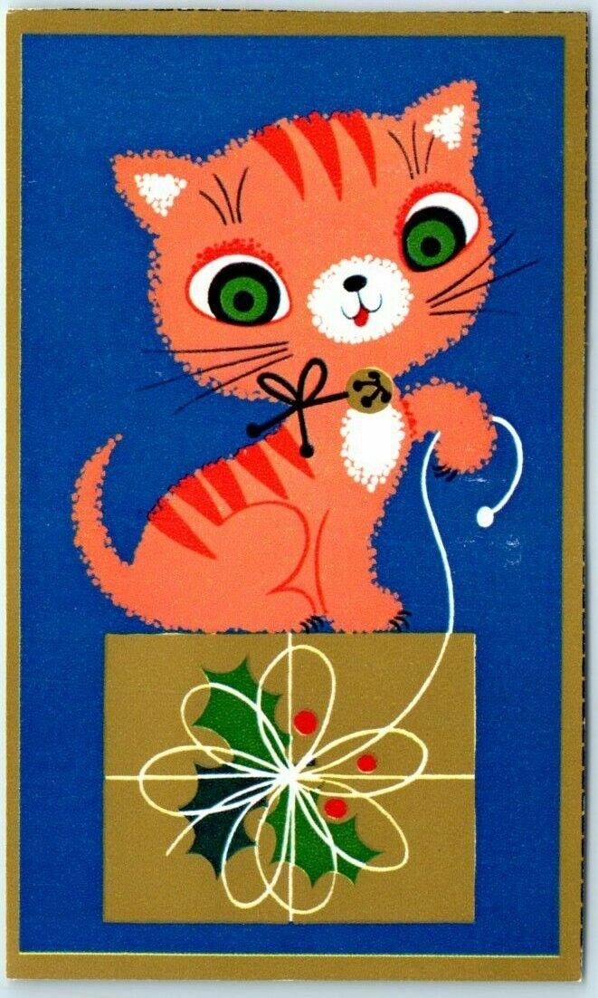 Postcard - Holiday Greetings - Cat opening a gift print