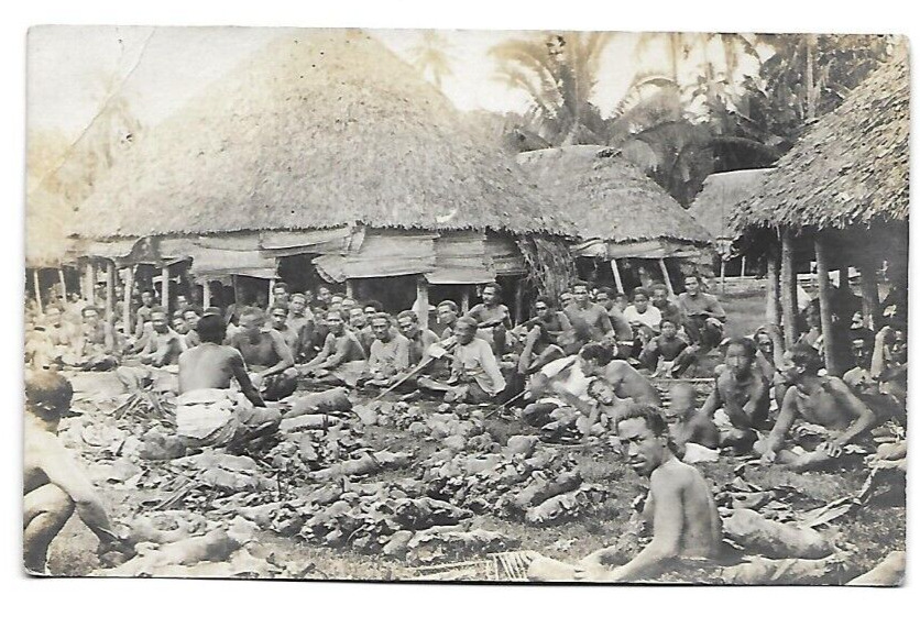 Rare early 1900s Hawaii RPPC Dozens indigenous men, roast pigs and more festival
