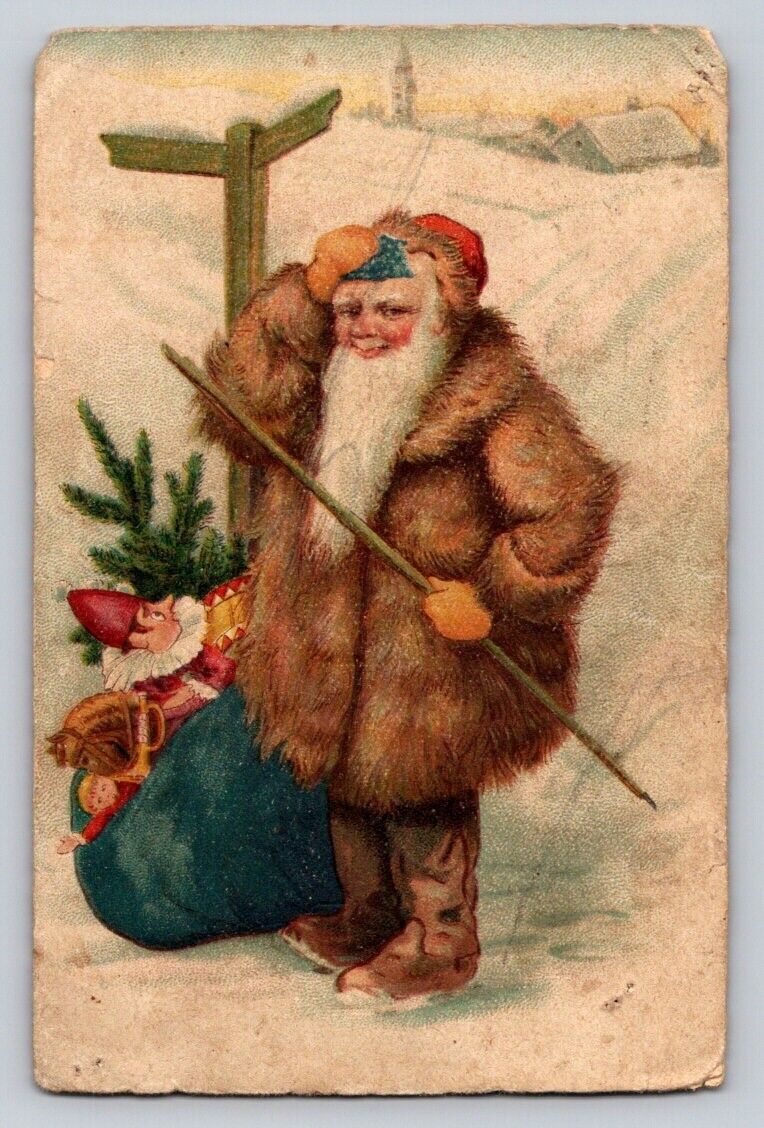 c1910 Santa Claus Fur Coat Snow Tree Toys Sack Boots Christmas P506A