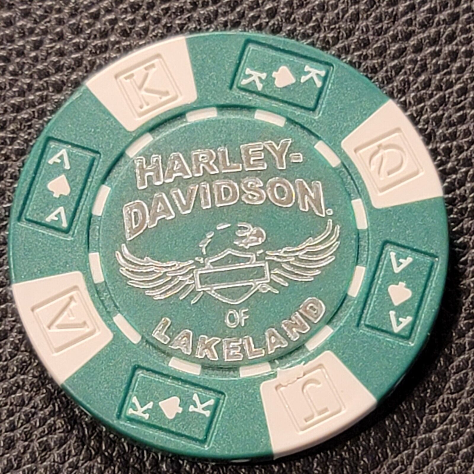 HD OF LAKELAND ~ FLORIDA (Green AKQJ) Harley Davidson Poker Chip (CLOSED)