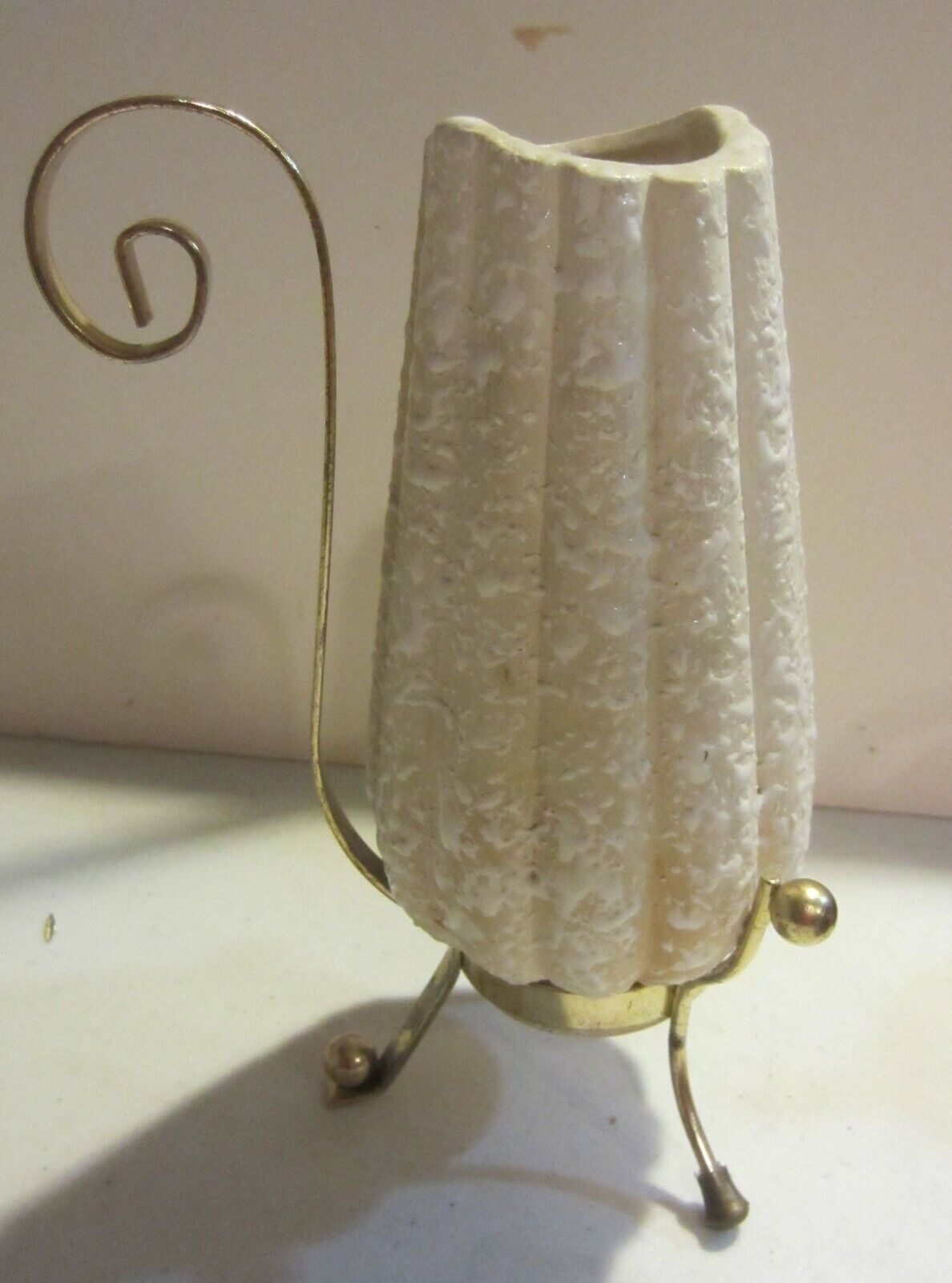 Vintage Mid Century Ceramic Textured  Cream Color vase w/ stand