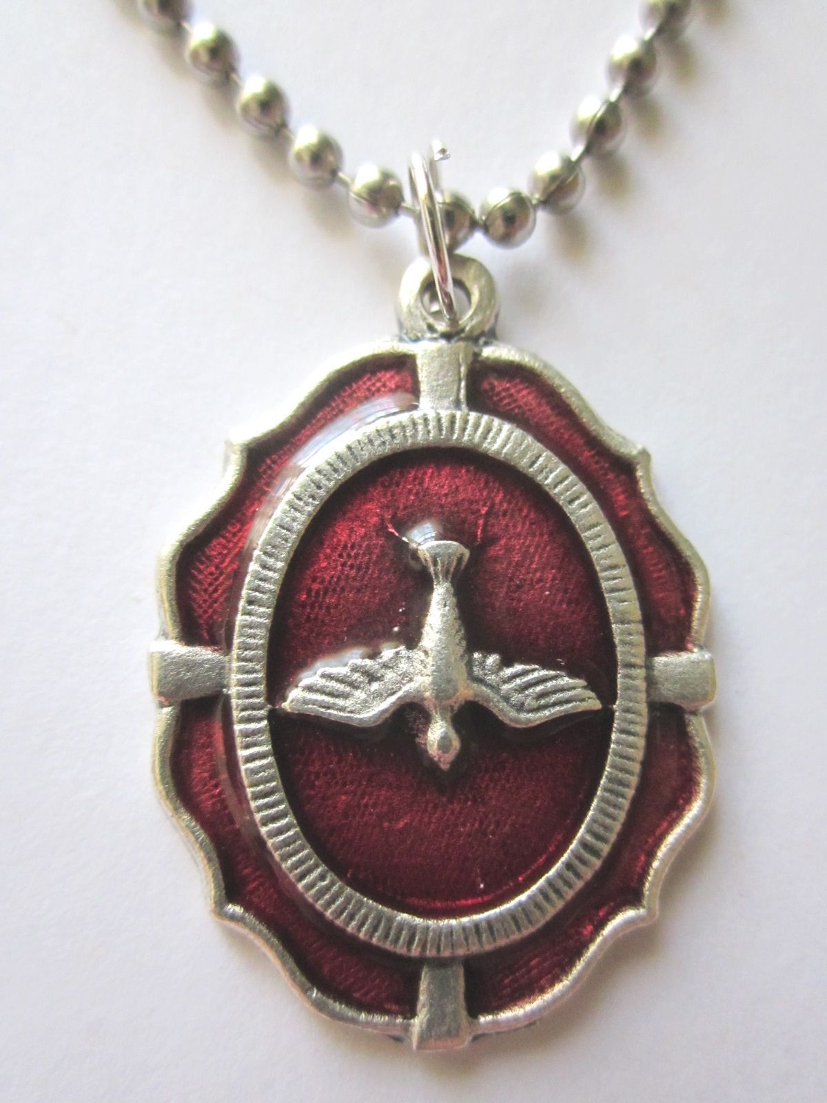 Large Holy Spirit Medal Red Enamel Italy Necklace 24