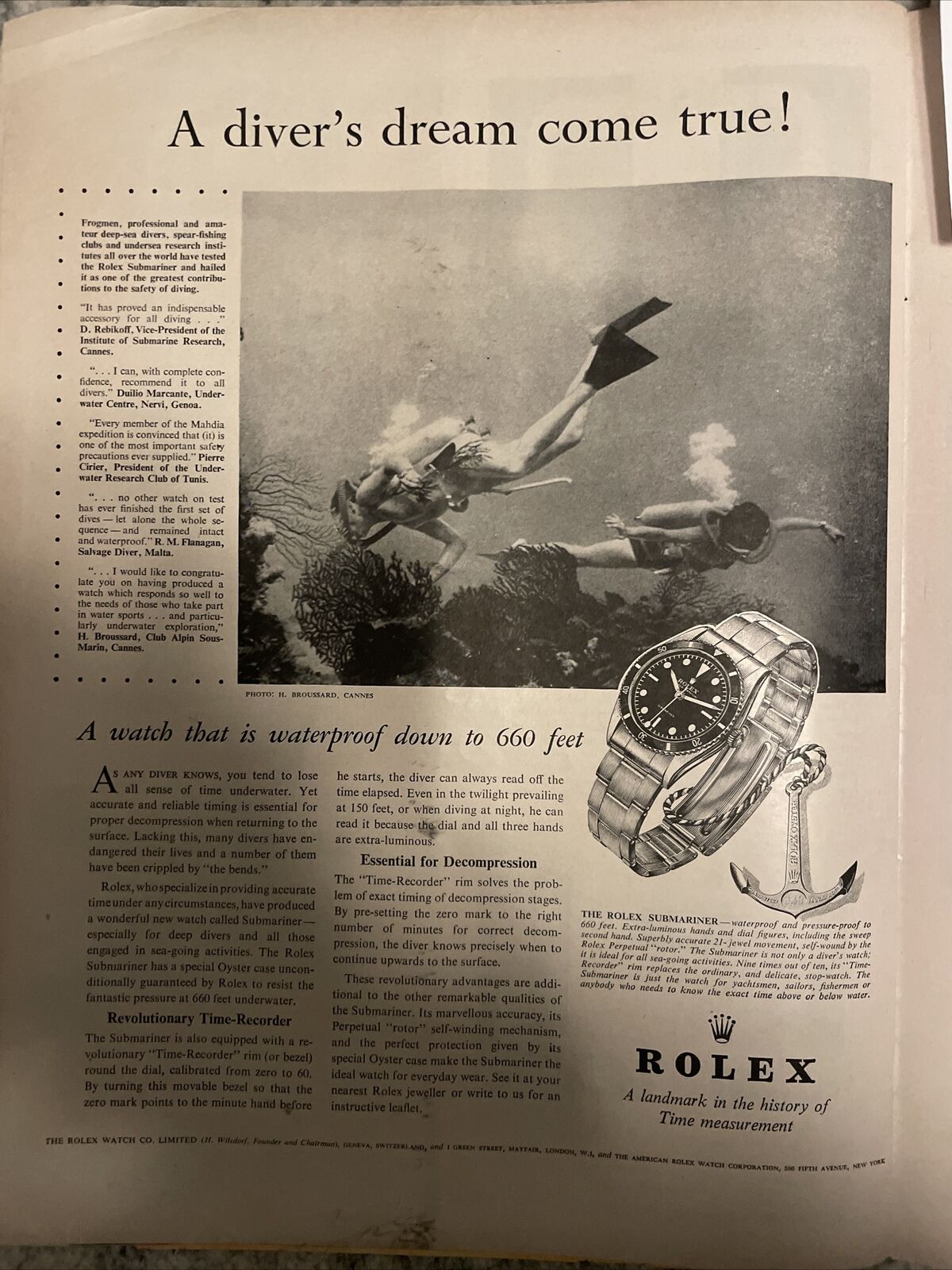 1956 Rolex Submariner Men’s watches scuba diver diving vintage print ad RARE