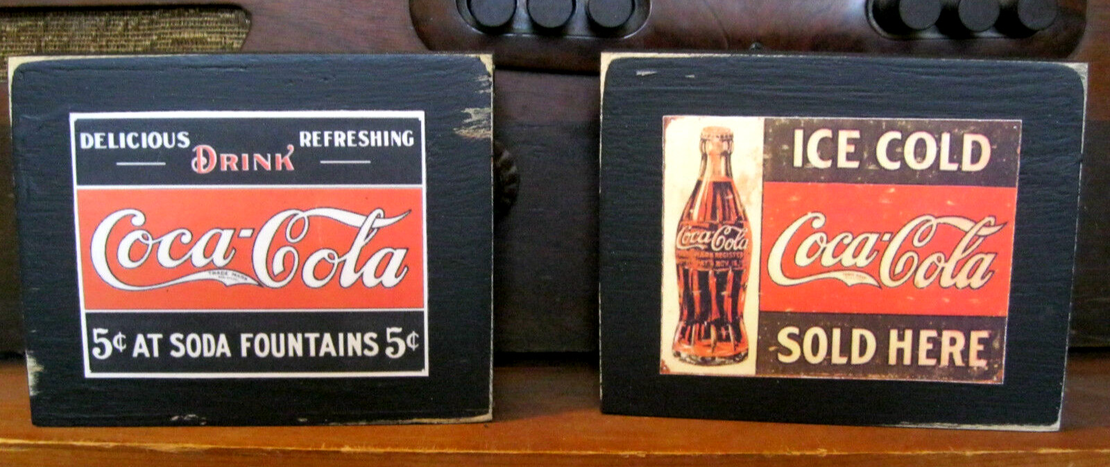 Two Vintage Coca Cola Advertising Primitive Distressed Wooden Sign Shelf Sitters