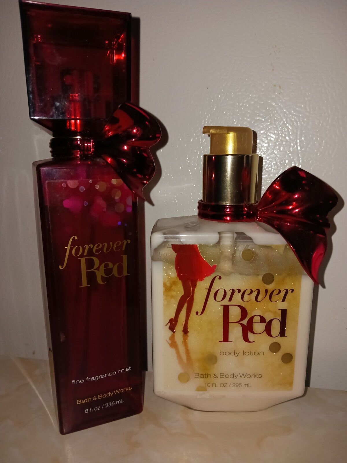 Bath and Body Works FOREVER RED Original Bow 8oz Body Mist and 10oz Body Lotion 