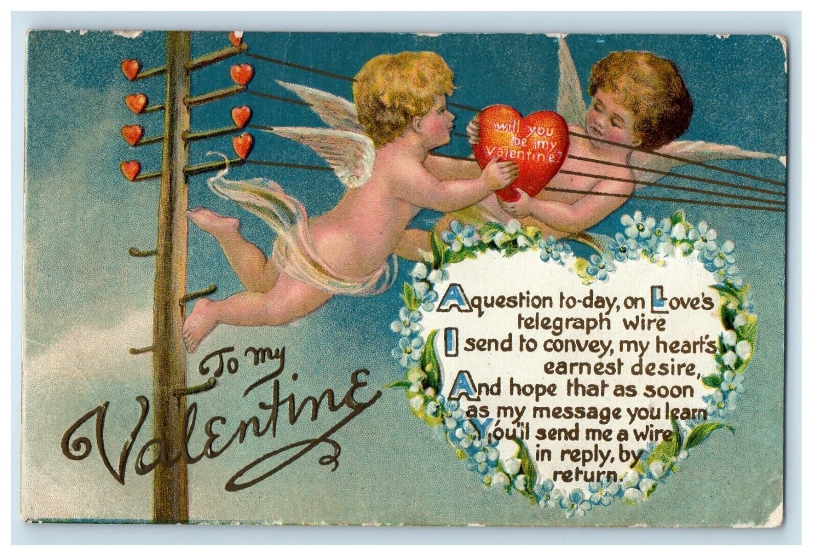 c1910's Valentine Two Angels Cherub Floating Wire Hearts Embossed Postcard