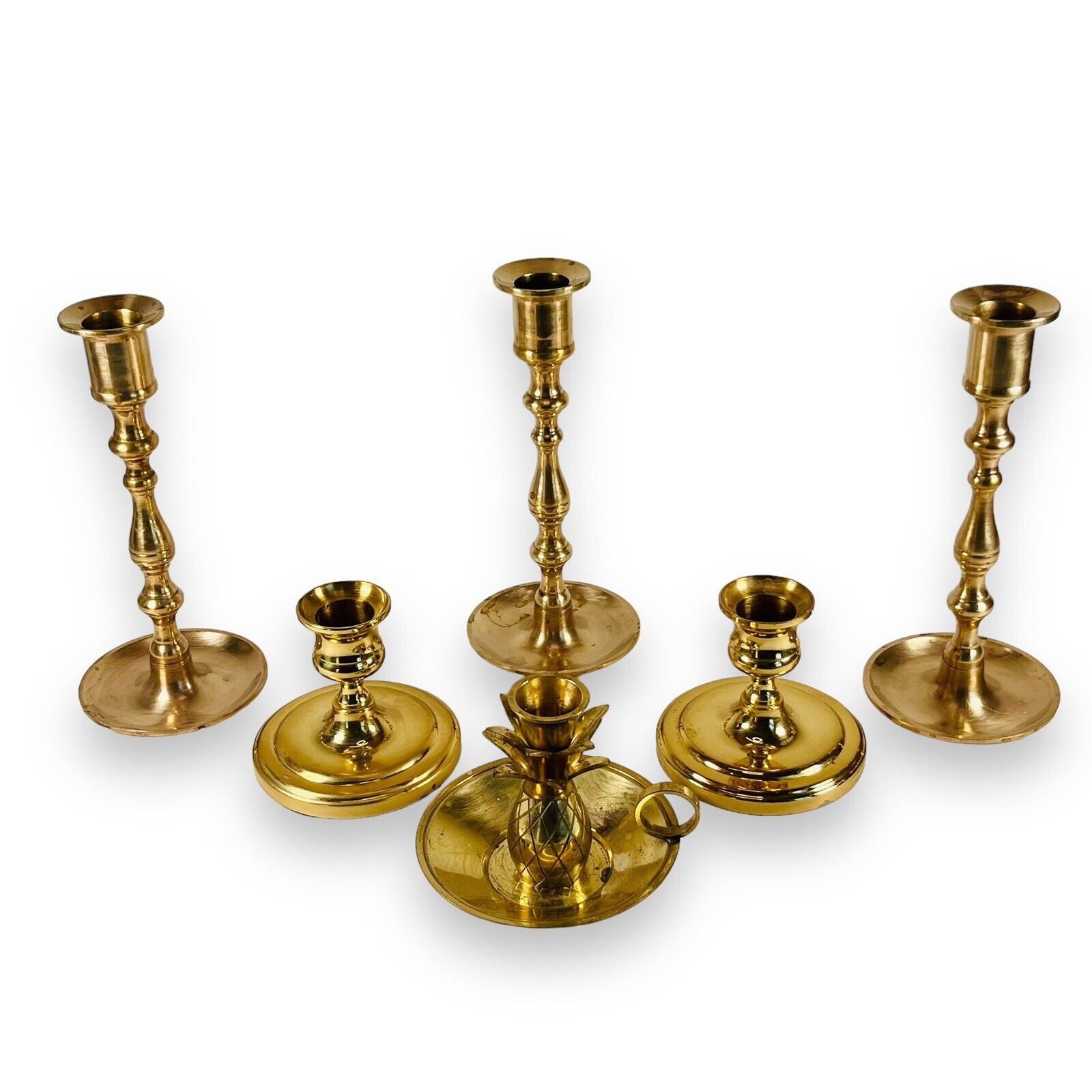 Lot of 6 Vintage Brass Candlesticks Candle Holders 1 India 2 Baldwin 3-7” Tall