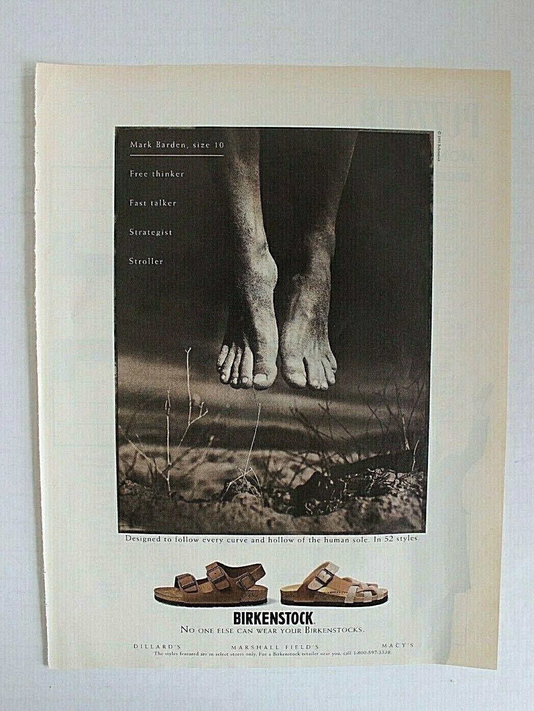 Birkenstock Black and White Earthy Bare Feet 1995 Vintage Print Ad 