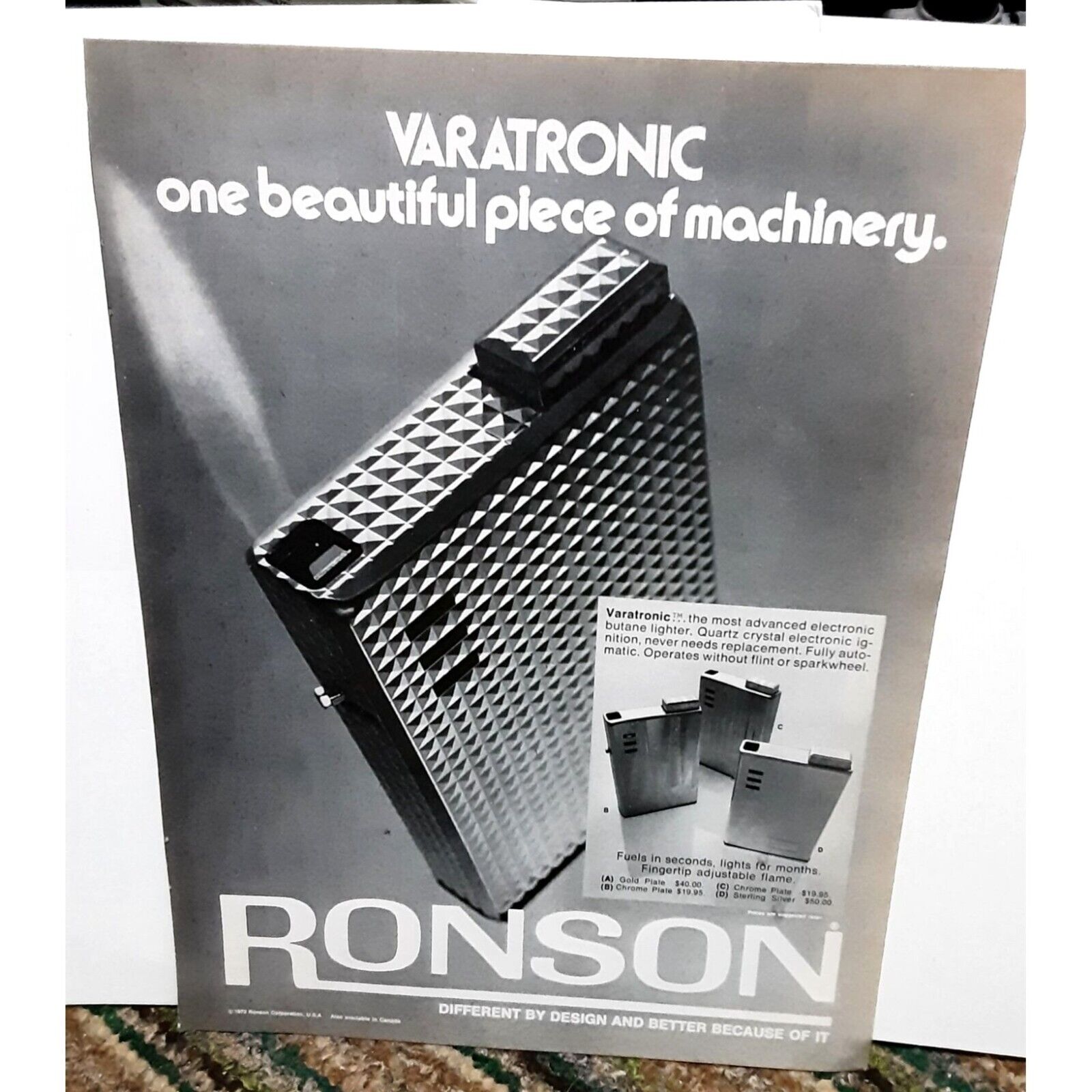 1972 Ronson Quartz Crystal Lighter Print Ad vintage 70s