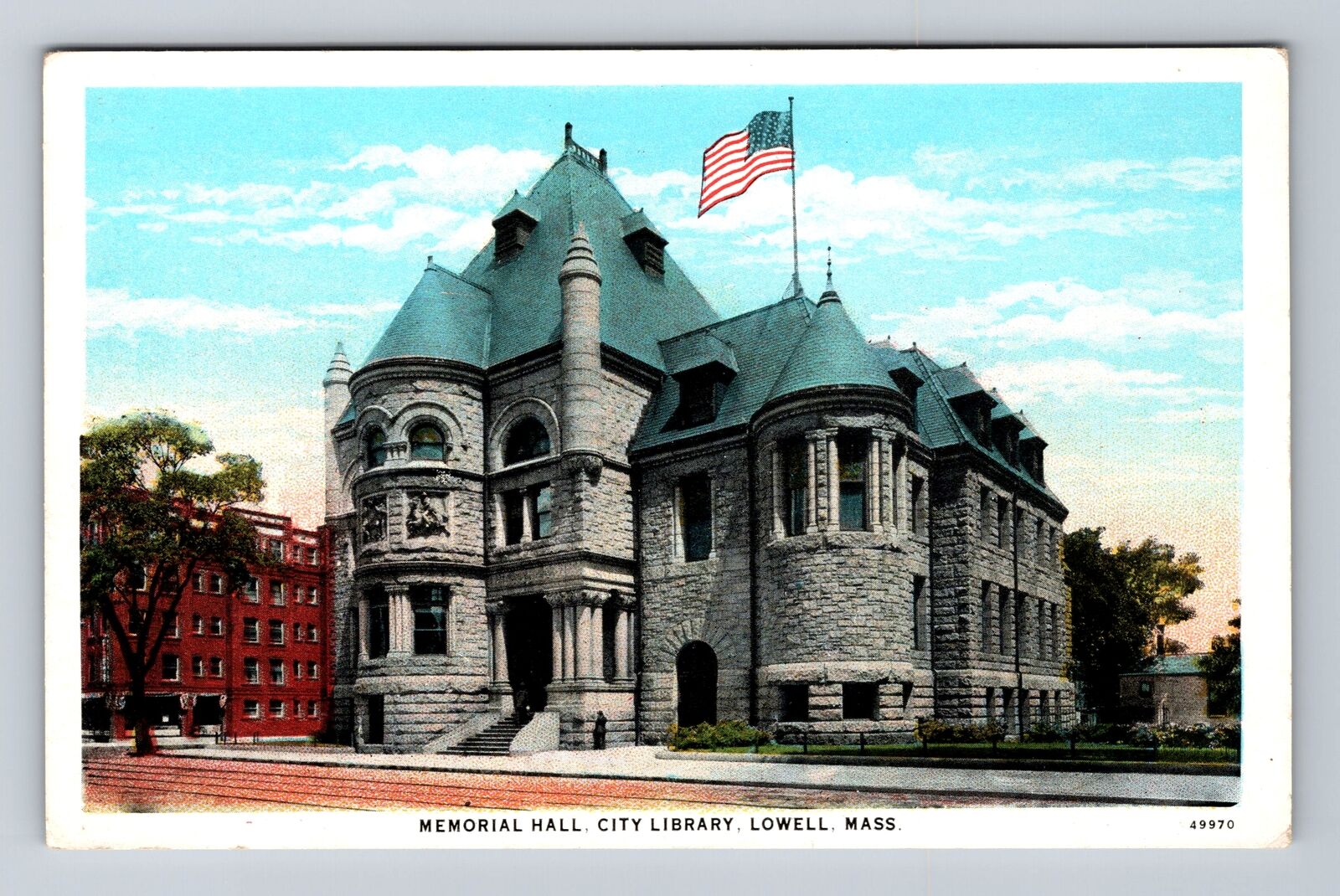 Lowell MA-Massachusetts, Memorial Hall, City Library, Antique, Vintage Postcard