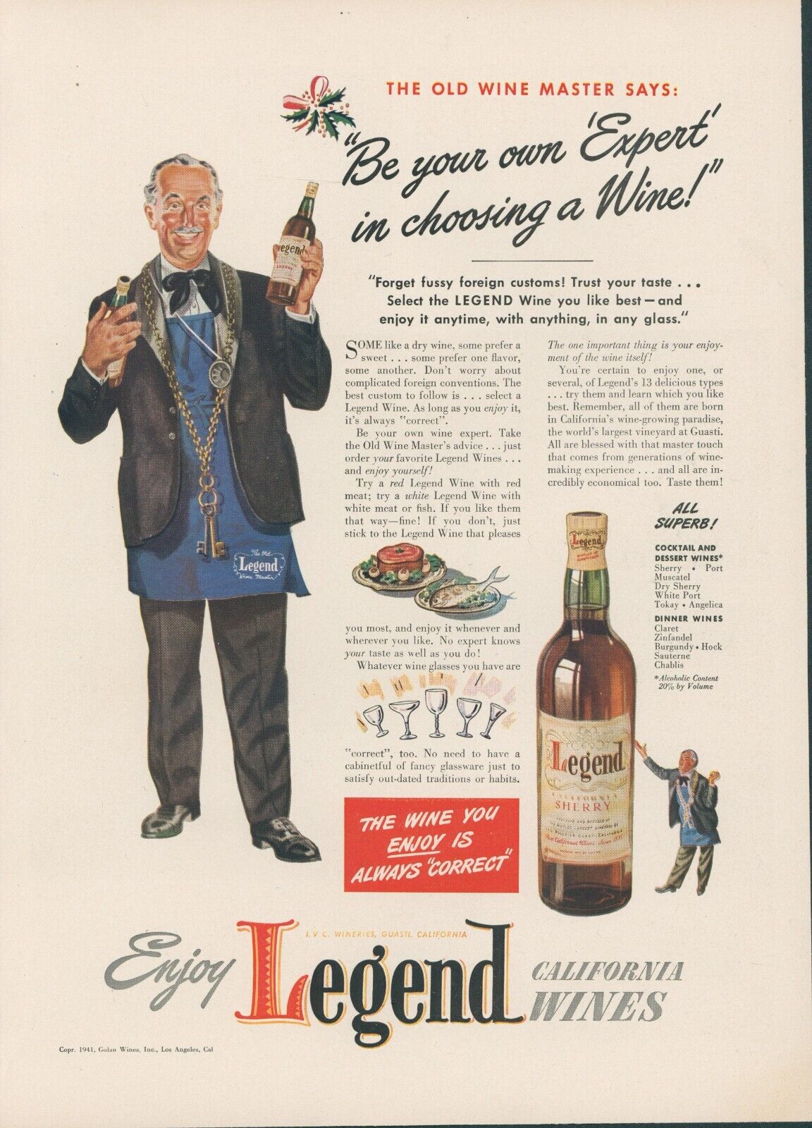 1941 Legend California Wines Guasti Wine Master Keys Sherry Fish Vtg Print Ad L9