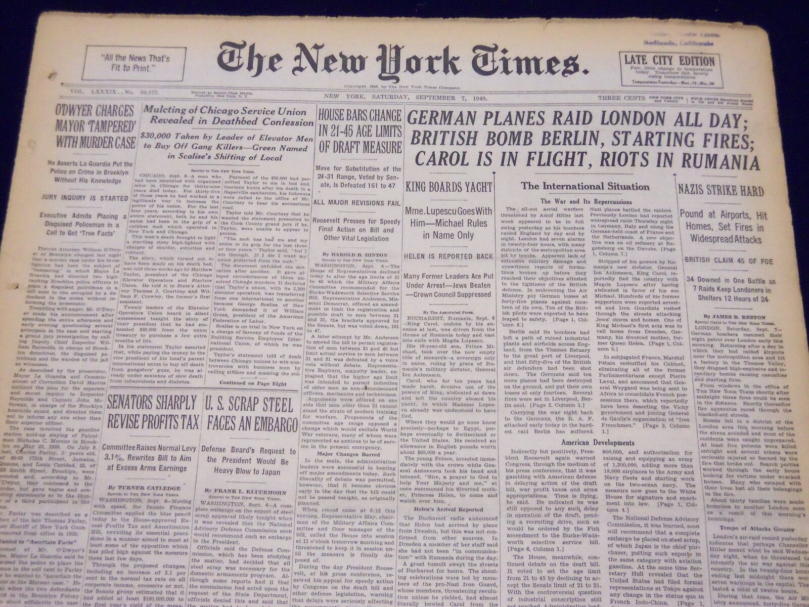 1940 SEPTEMBER 7 NEW YORK TIMES - GERMAN PLANES RAID LONDON ALL DAY - NT 192
