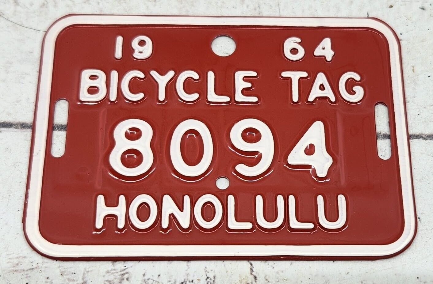 Vintage 1964 Bicycle License Plate Tag Honolulu Hawaii 8094