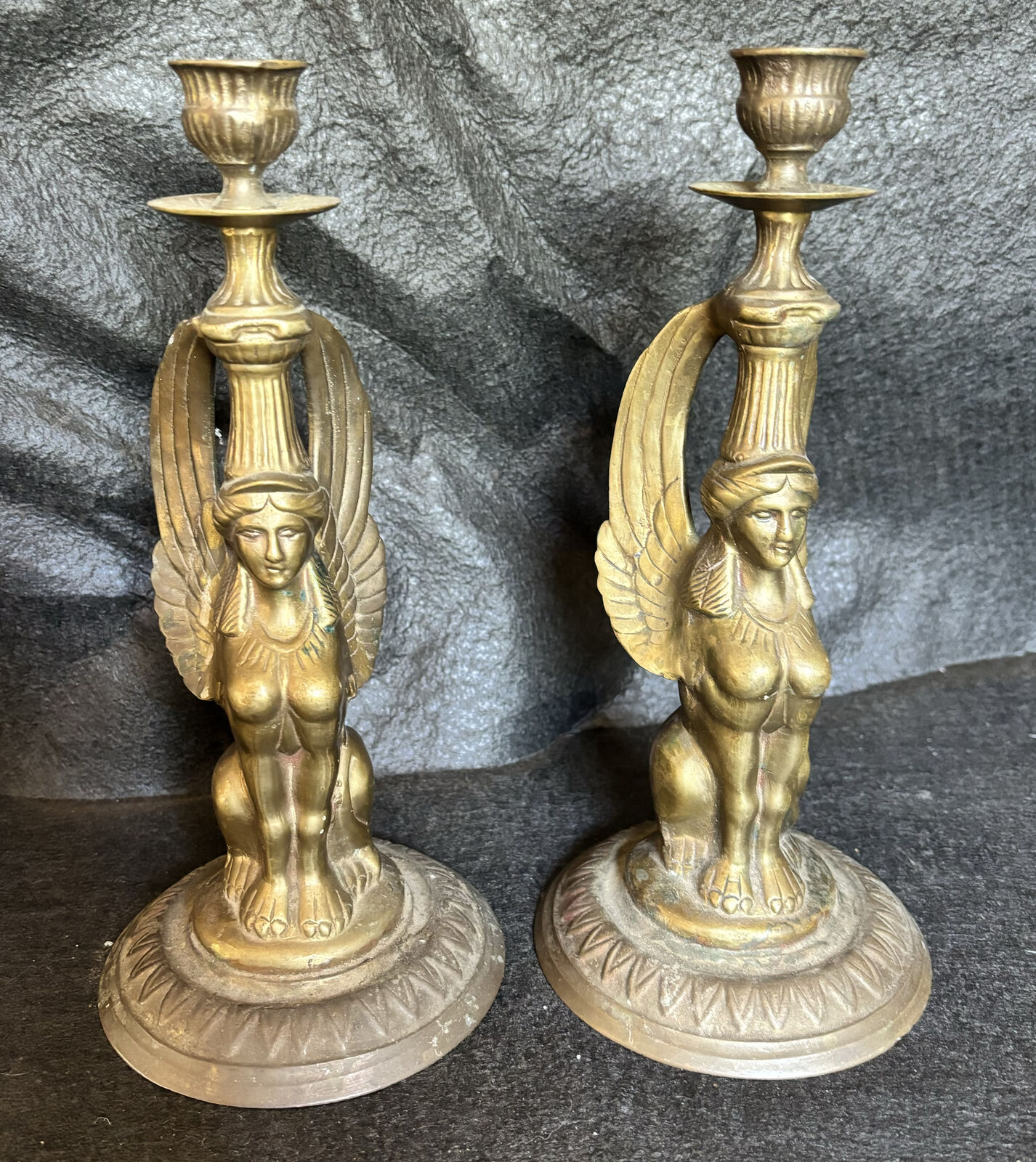 Rare Antique 1890s Winged Griffon Sphinx Brass Bronze Candlestick Holders