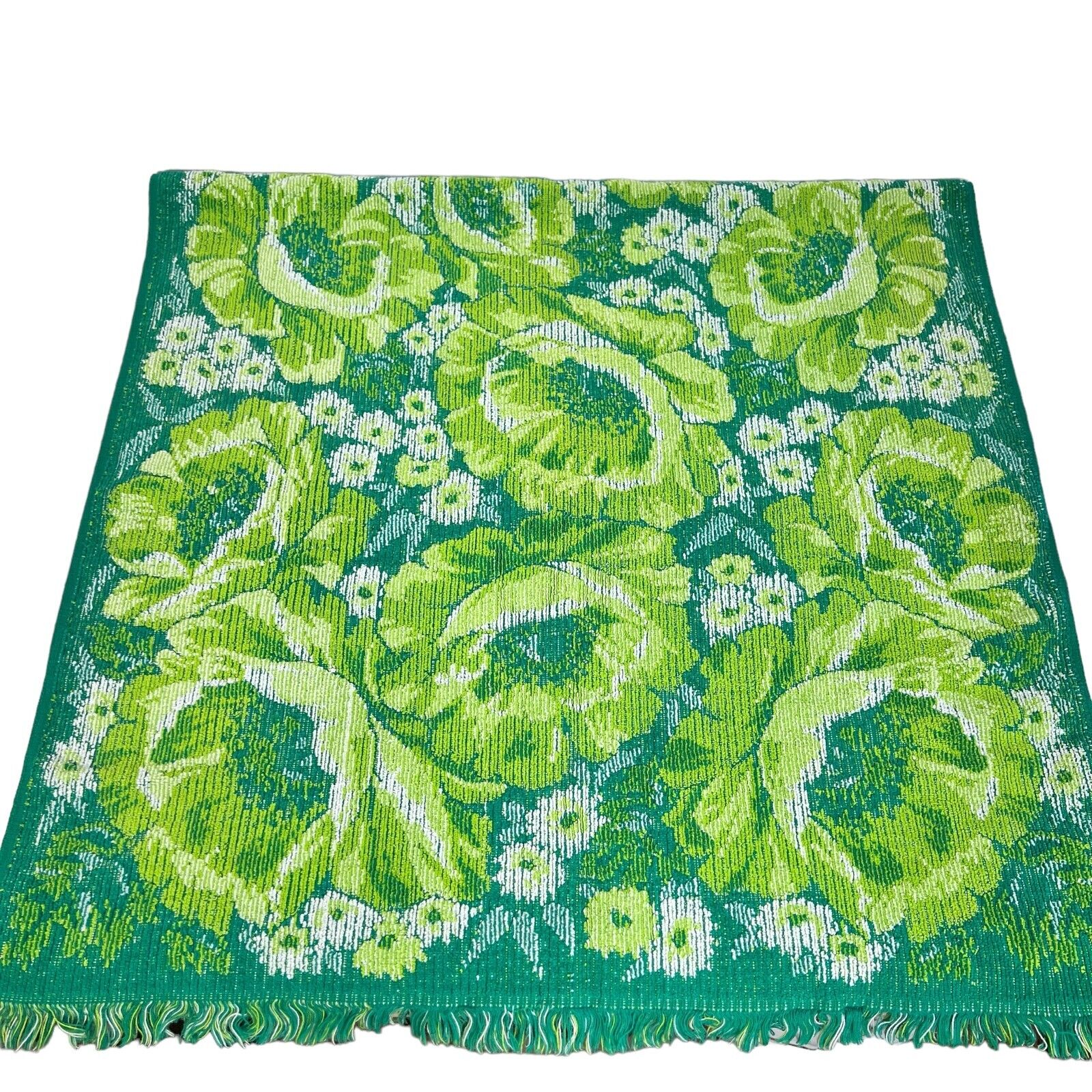 Vintage Fieldcrest Green Floral With Fringe Cotton Bath Towels