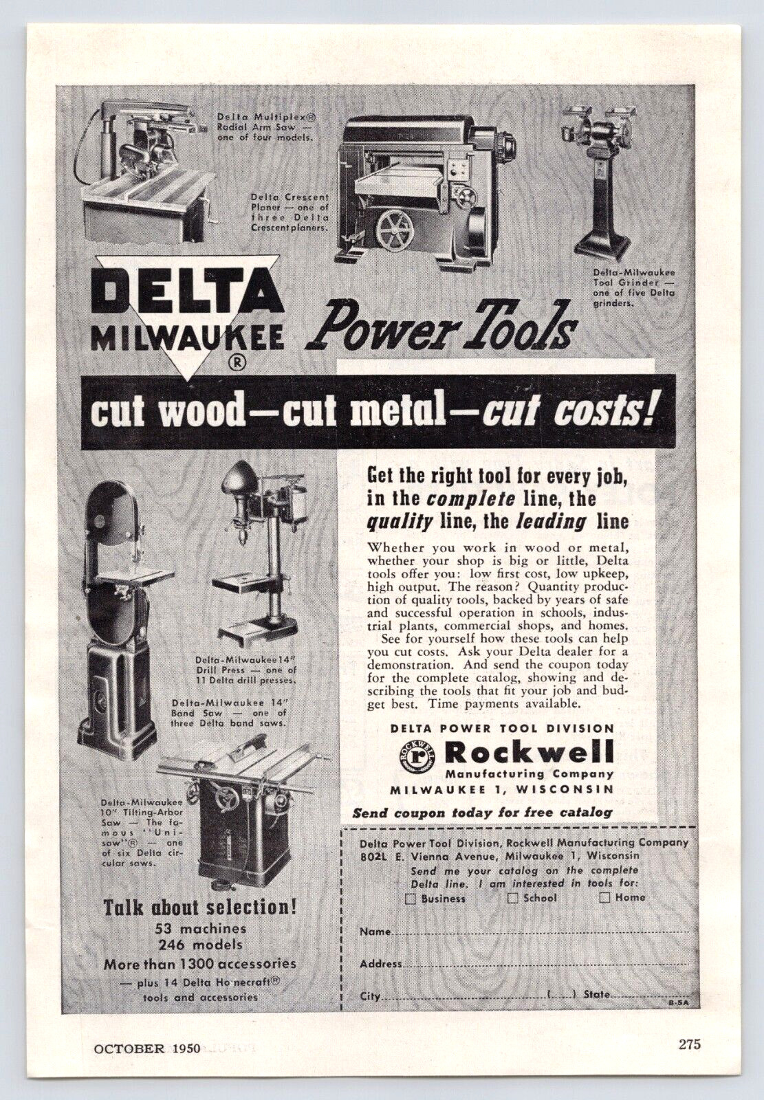 Delta Milwaukee Power Tools Wood Metal Shop Rockwell Vintage Print Ad 1950