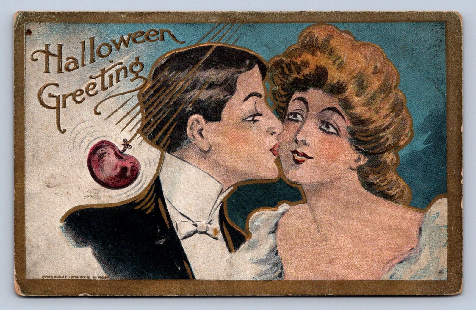 J99/ Halloween Postcard Holiday Greetings c1910 TR Company Kiss Apple 481