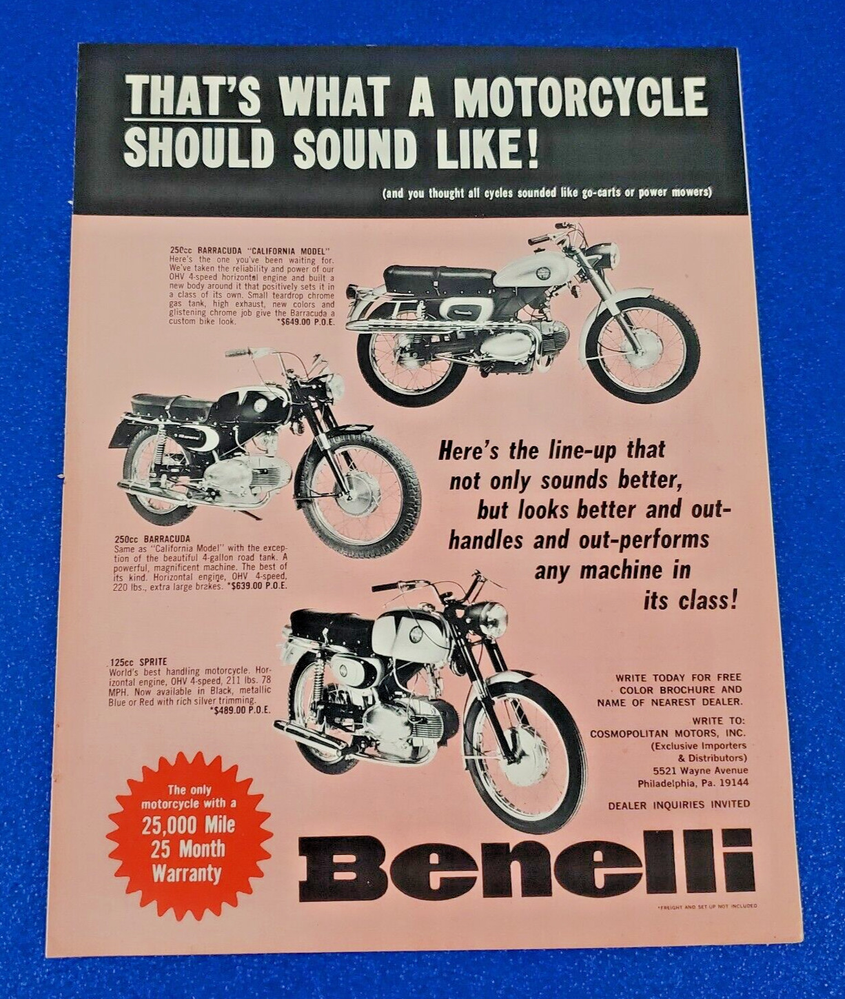 1967 BENELLI MOTORCYCLE LINE-UP BARACUDA 250cc & SPRITE 125cc ORIGINAL PRINT AD