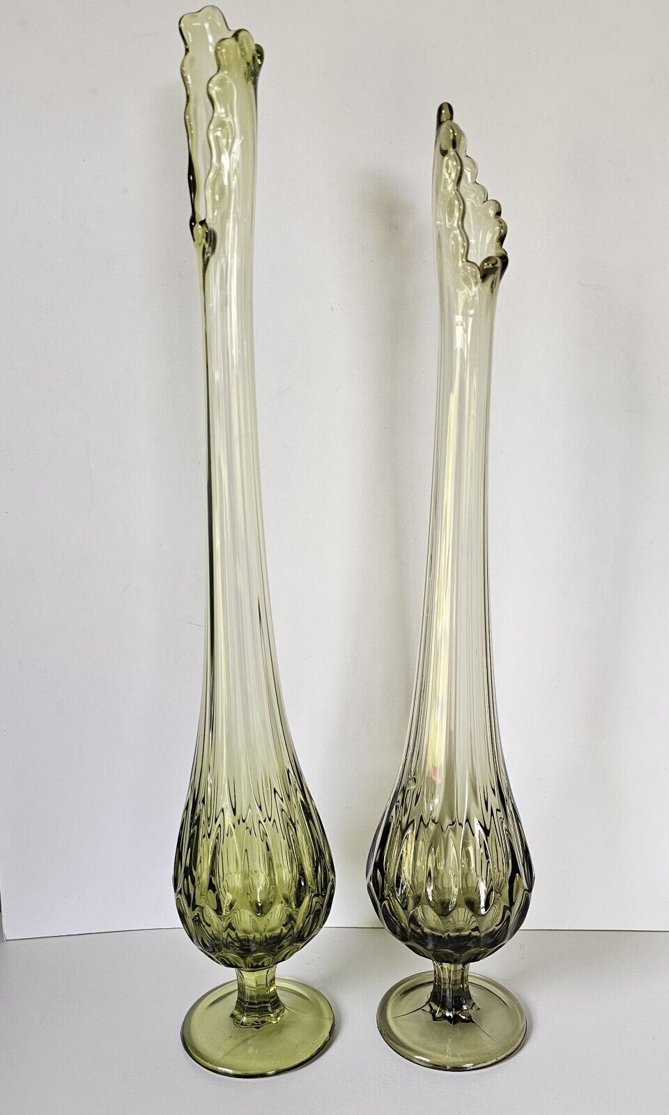 2 Pc Vintage Green Olive Stretch Fenton Footed Swung Glass Vase 19.5”