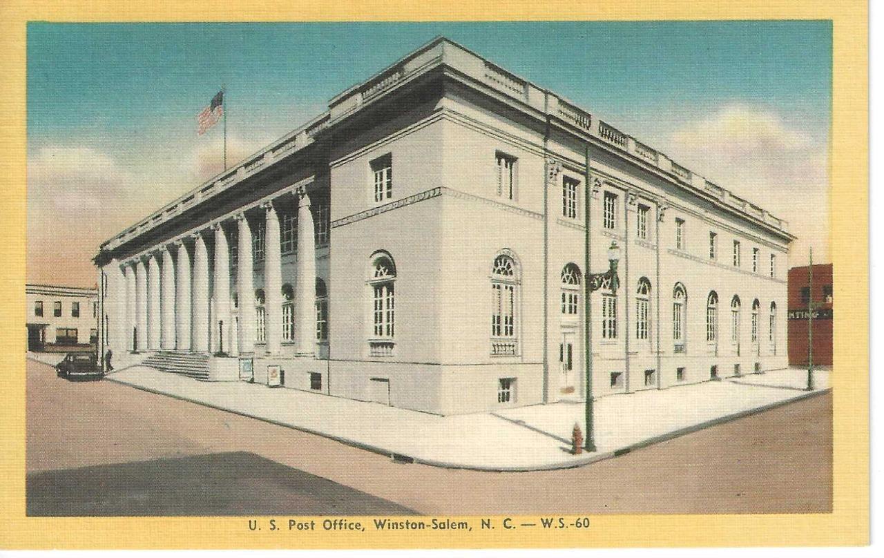 Postcard Post Office Winston-Salem N.C. Car Flag Street USPS lithograph EUC