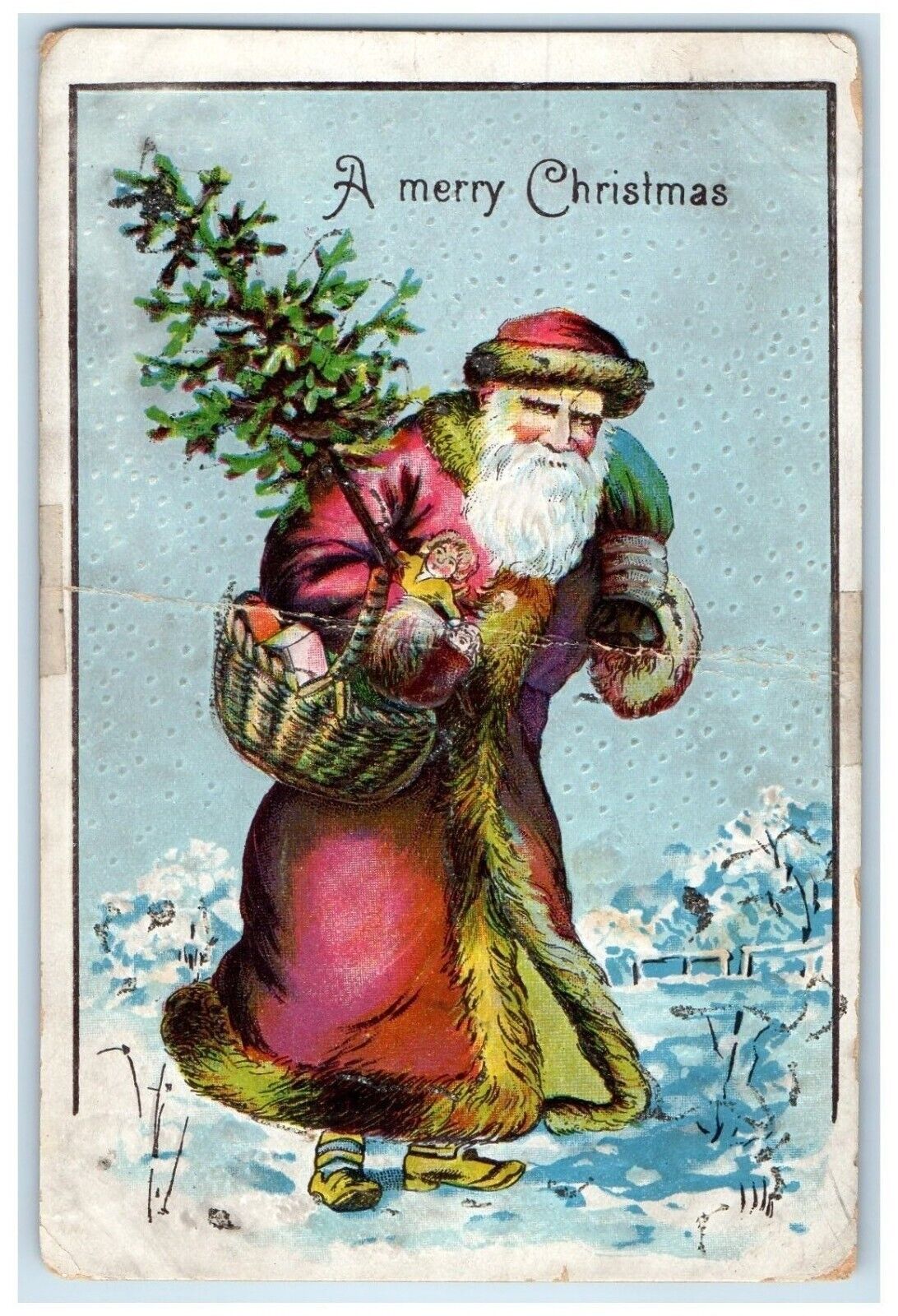 c1910's Christmas Santa Claus With Toys In Basket Embossed Antique Postcard