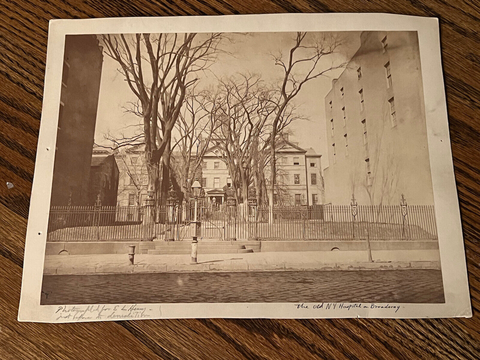 OLD NEW YORK HOSPITAL ALBUMIN PHOTOGRAPH  TAKEN BEFORE ITS DEMOLITION .