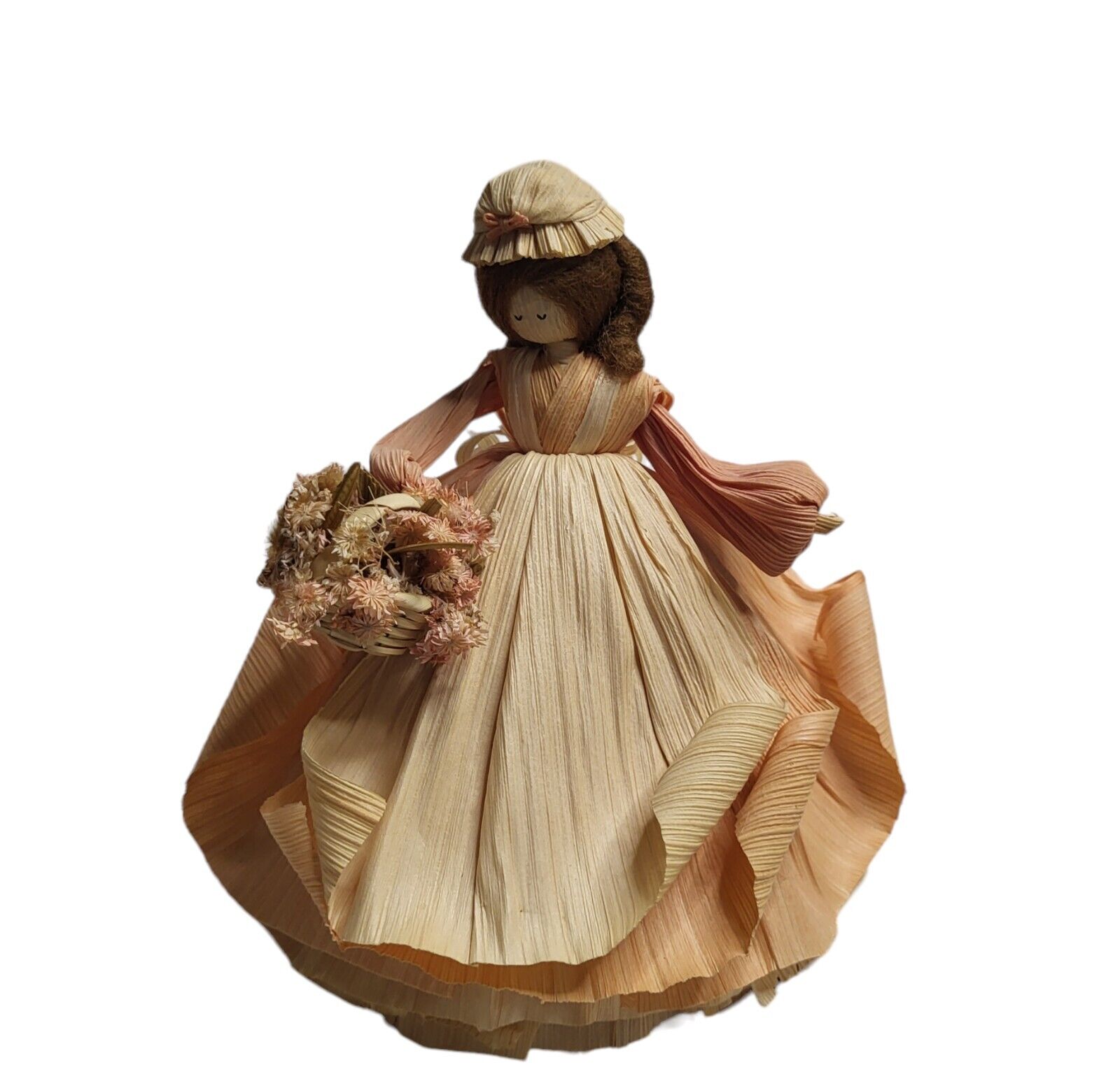 Vtg 1980s Nan's Corn Husk Doll - Pink Dress with Flower Basket