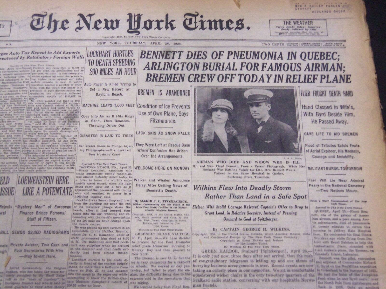 1928 APRIL 26 NEW YORK TIMES - BENNETT DIES OF PNEUMONIA IN QUEBEC - NT 5341