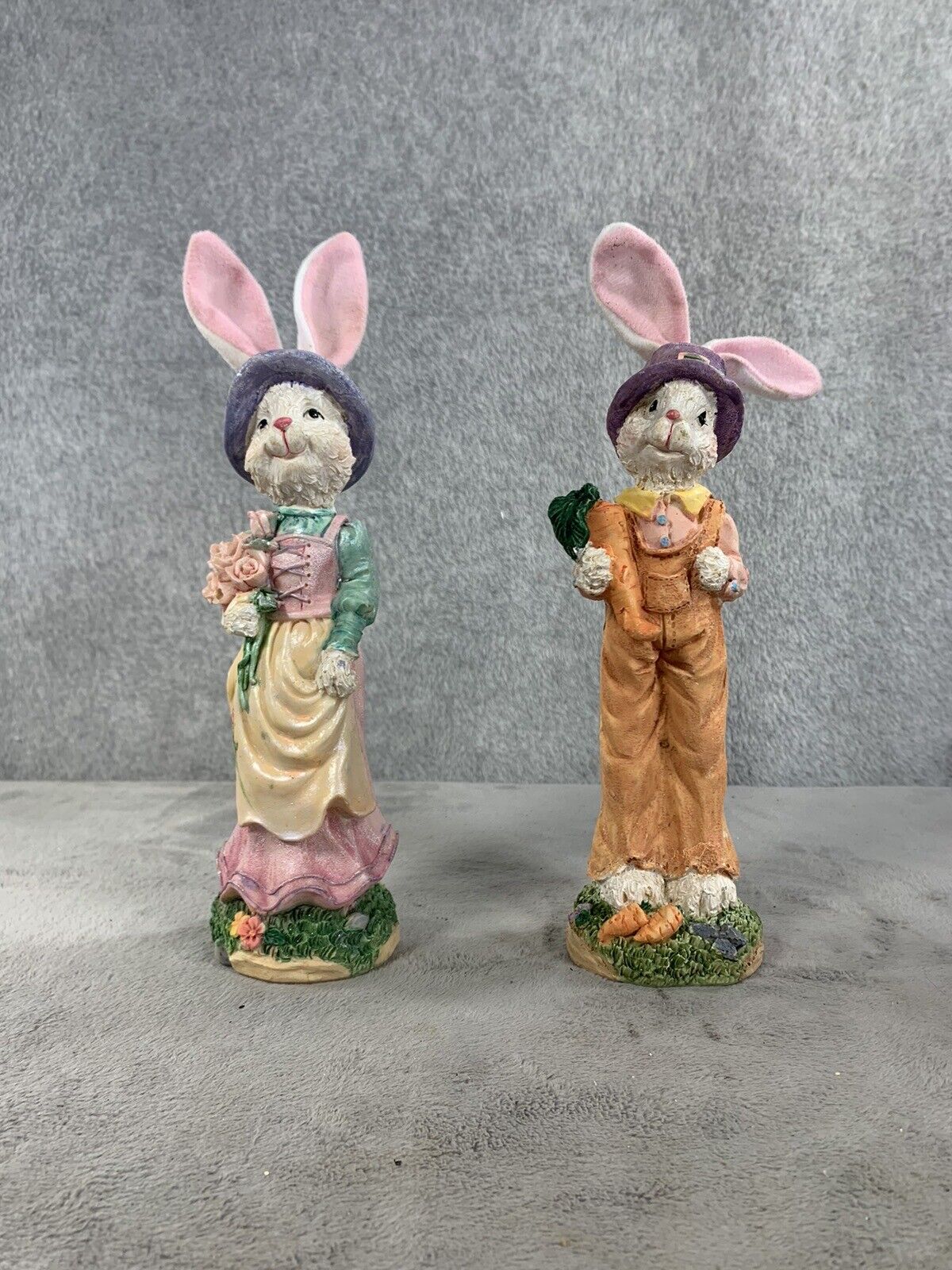 Vintage Set Of 2 Bunny Rabbit Figurines Human Like Wearing Clothes Standing