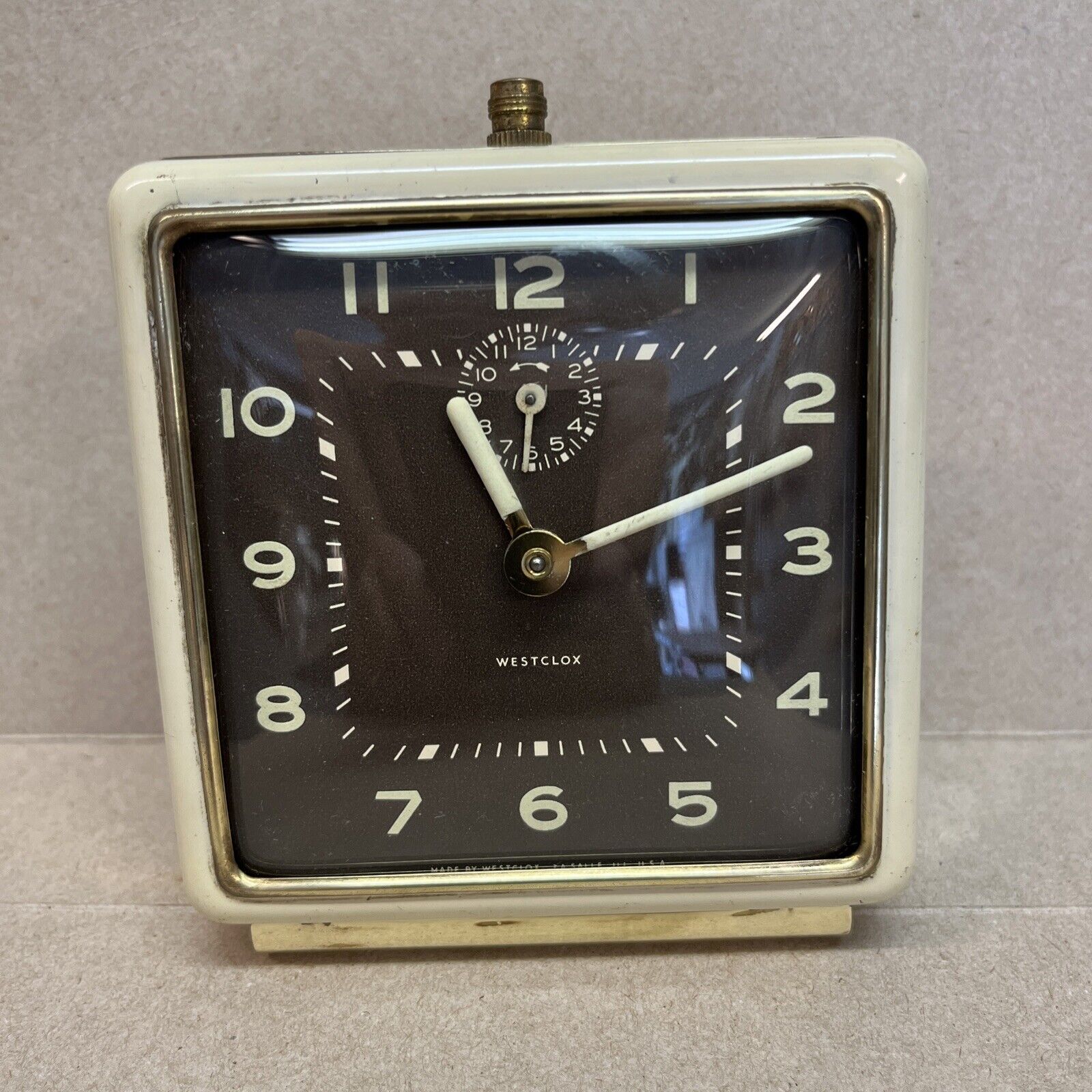 Vintage WEXTCLOX Beige Gold General Time Square ALARM CLOCK (USA+WORKS)