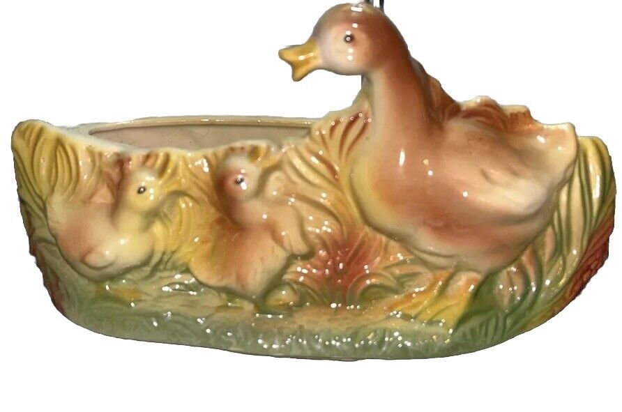 Vintage 1960s Porcelain Duck Planter Handmade Hand Painted GUC Mommy & Babies