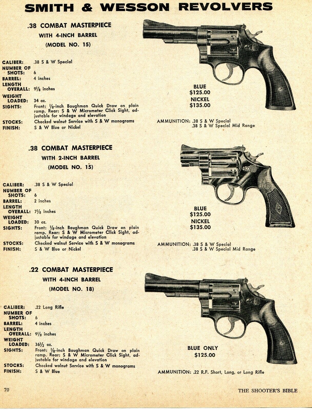 1975 Print Ad of Smith & Wesson S&W Model 15 & 18 Combat Masterpiece Revolver