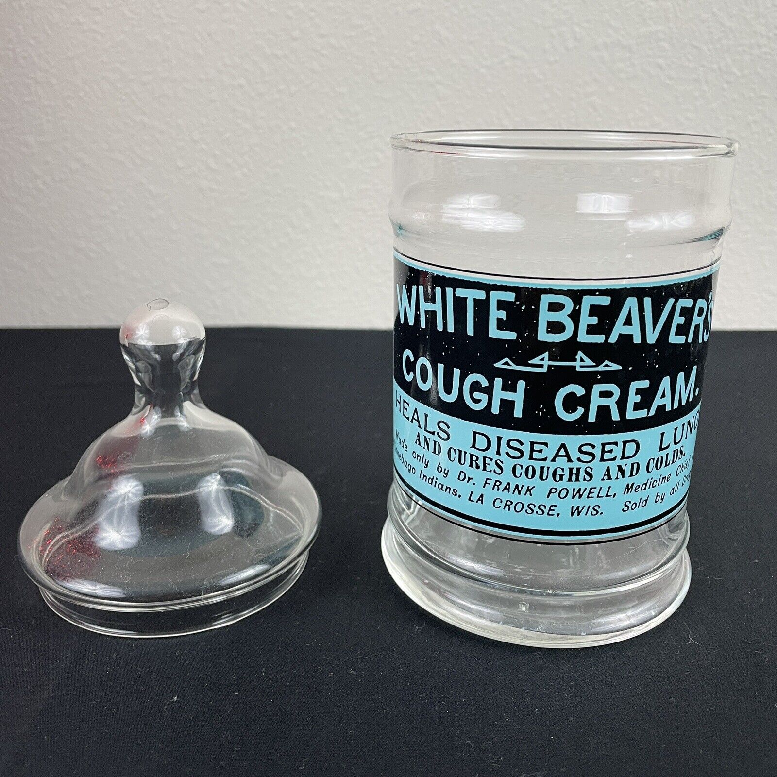 Vintage 1970’s White Beaver’s Cough Cream Apothecary Glass Display EUC
