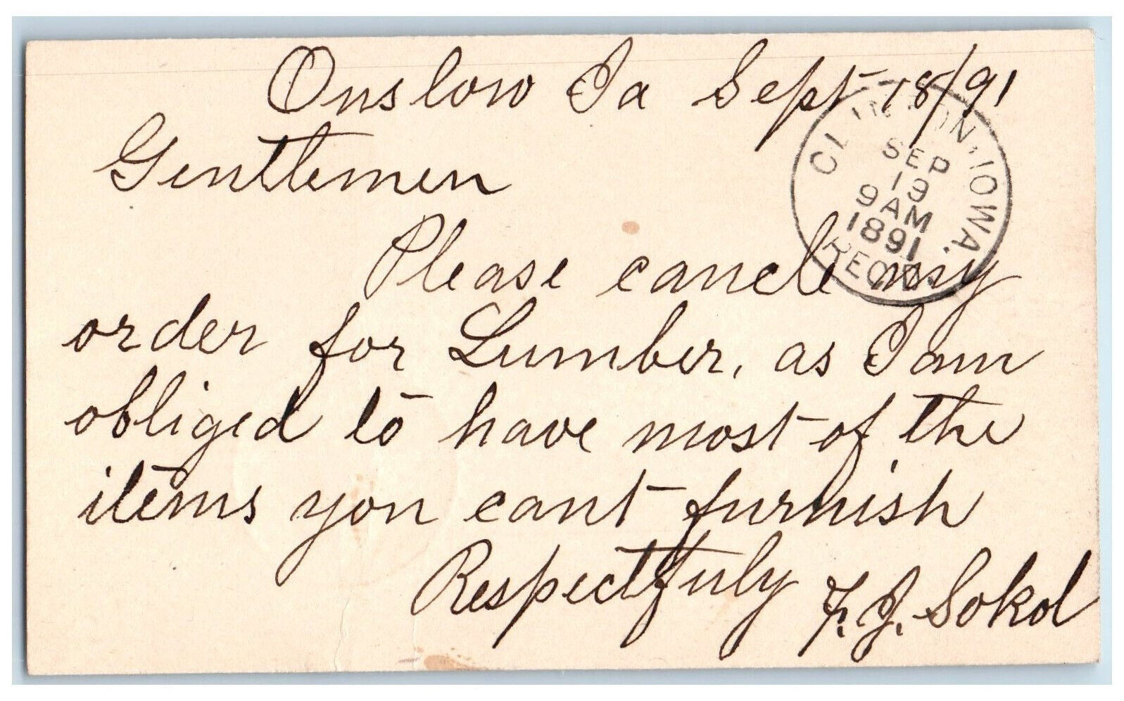 1891 Cancel Orer for Lumber FJ Sokol Onslow Iowa IA Clinton IA Postcard