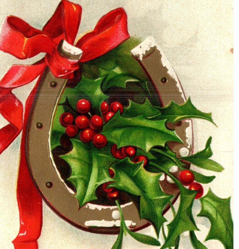 1910 Vintage Postcard, Christmas, Horseshoe, Holly Berries, Ribbon-Hol-14