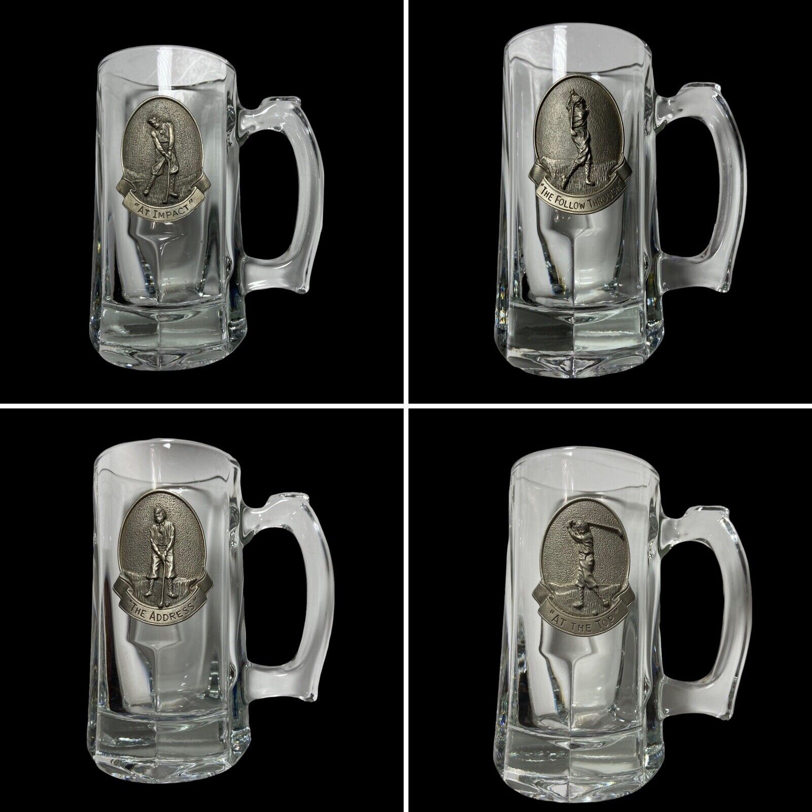Lot of 4 Vintage FORT PEWTER Golf Medallion Beer Stein Mug Glasses Barware