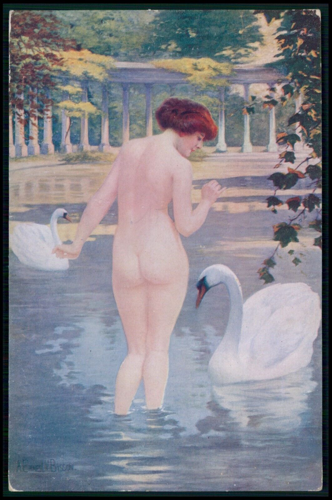 art Bisson nude woman Bathing Swan original old 1910s postcard Salon de Paris