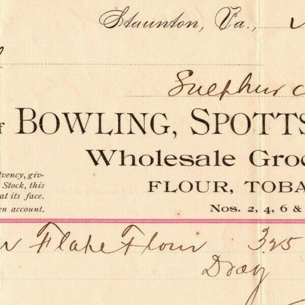 1894 Scarce Bowling, Spotts & Co Grocers Cigars Billhead Letterhead Staunton, VA