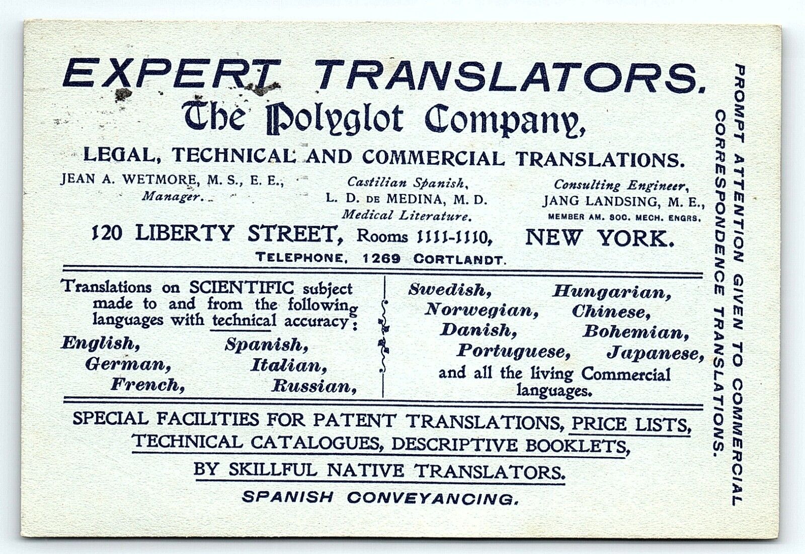 1902 ADVERTISING POSTCARD THE POLYGLOT COMPANY NY EXPERT TRANSLATORS Z4111