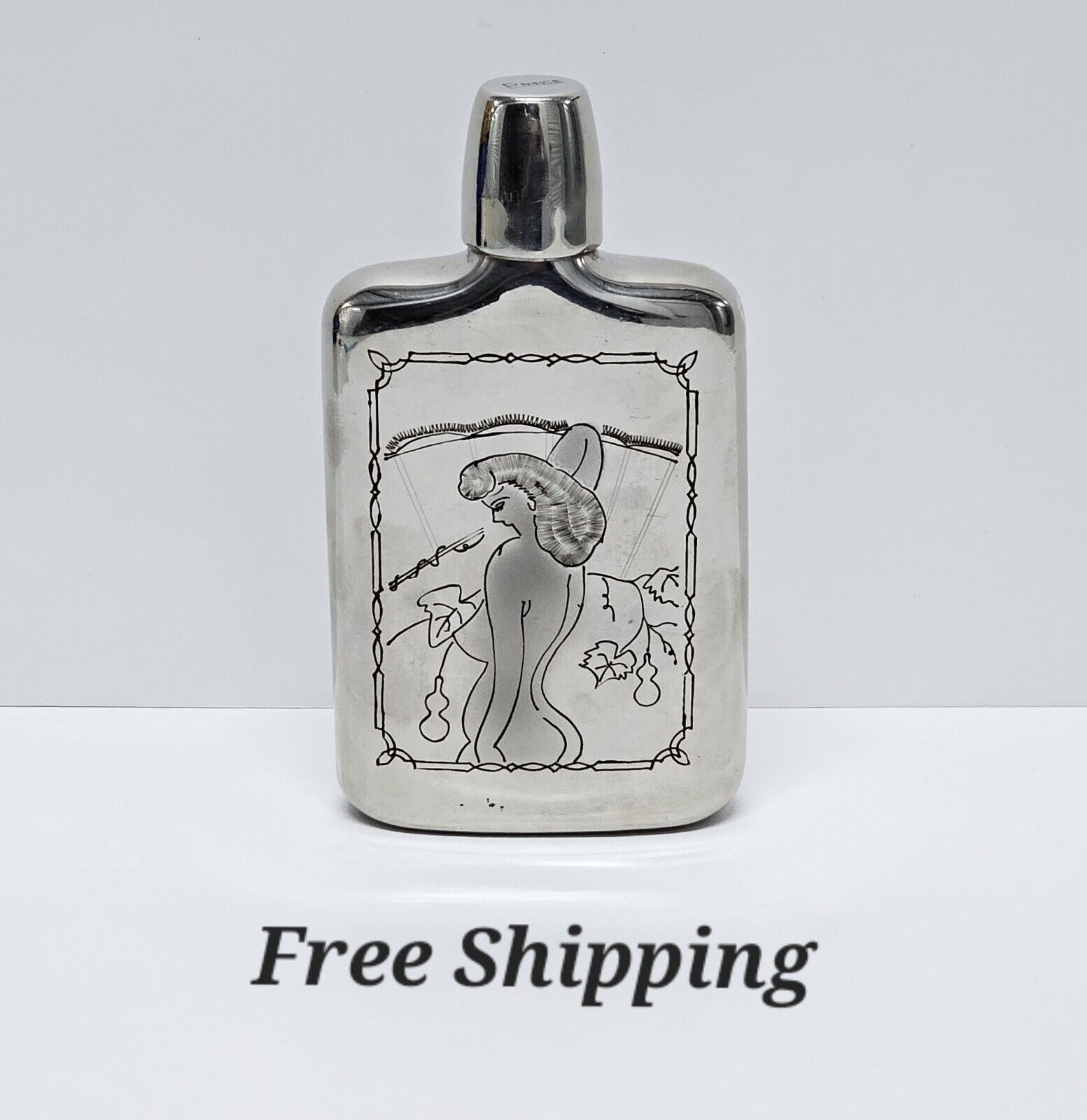 Vintage Art Nouveau Prince Engraved Etched Nude Women Metal Flask Shot Glass 