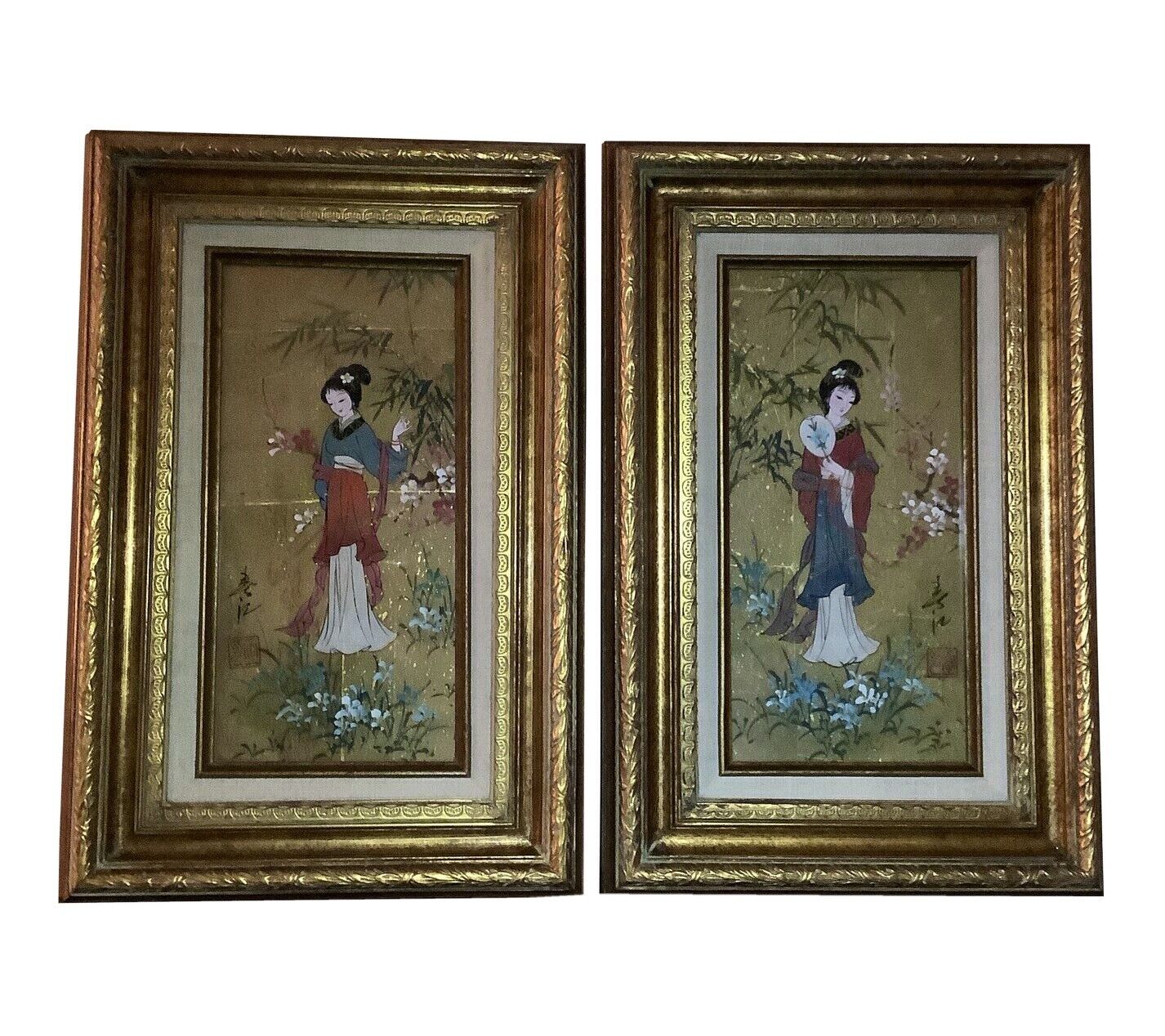 Custom Framed Oriental Princesses Oil on Cork \ Pair of Asian Princesses